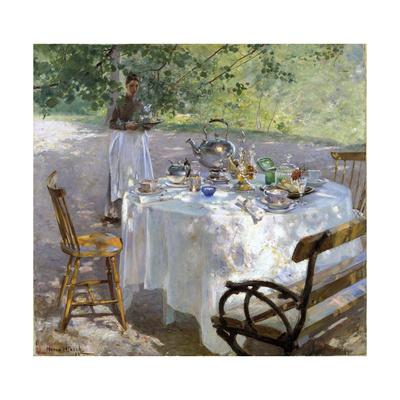 BREAKFAST TIME SET TABLE IN THE GARDEN 1887 PAINTING BY HANNA PAULI REPRO